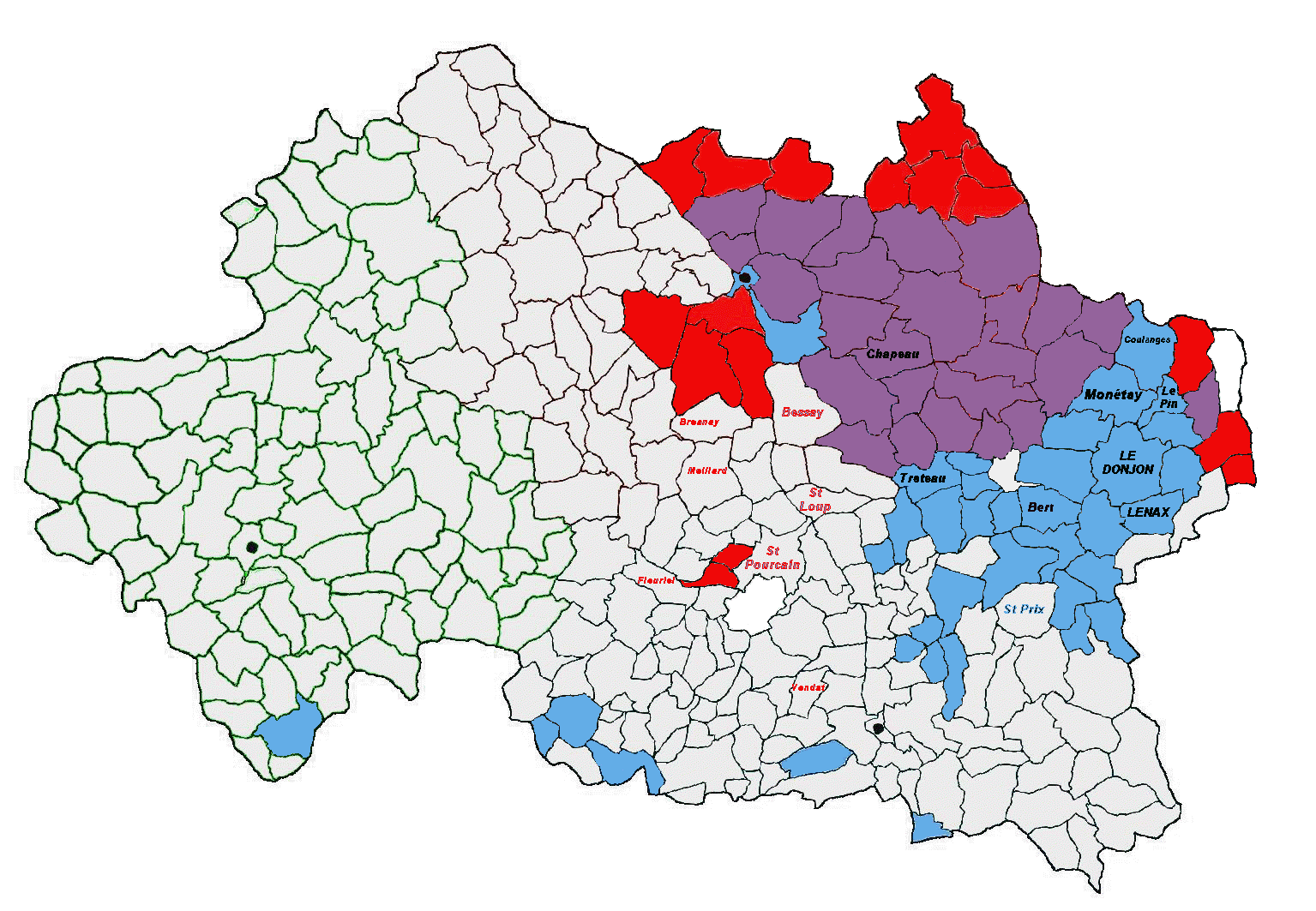 carte présentant les communes de nos généalogies